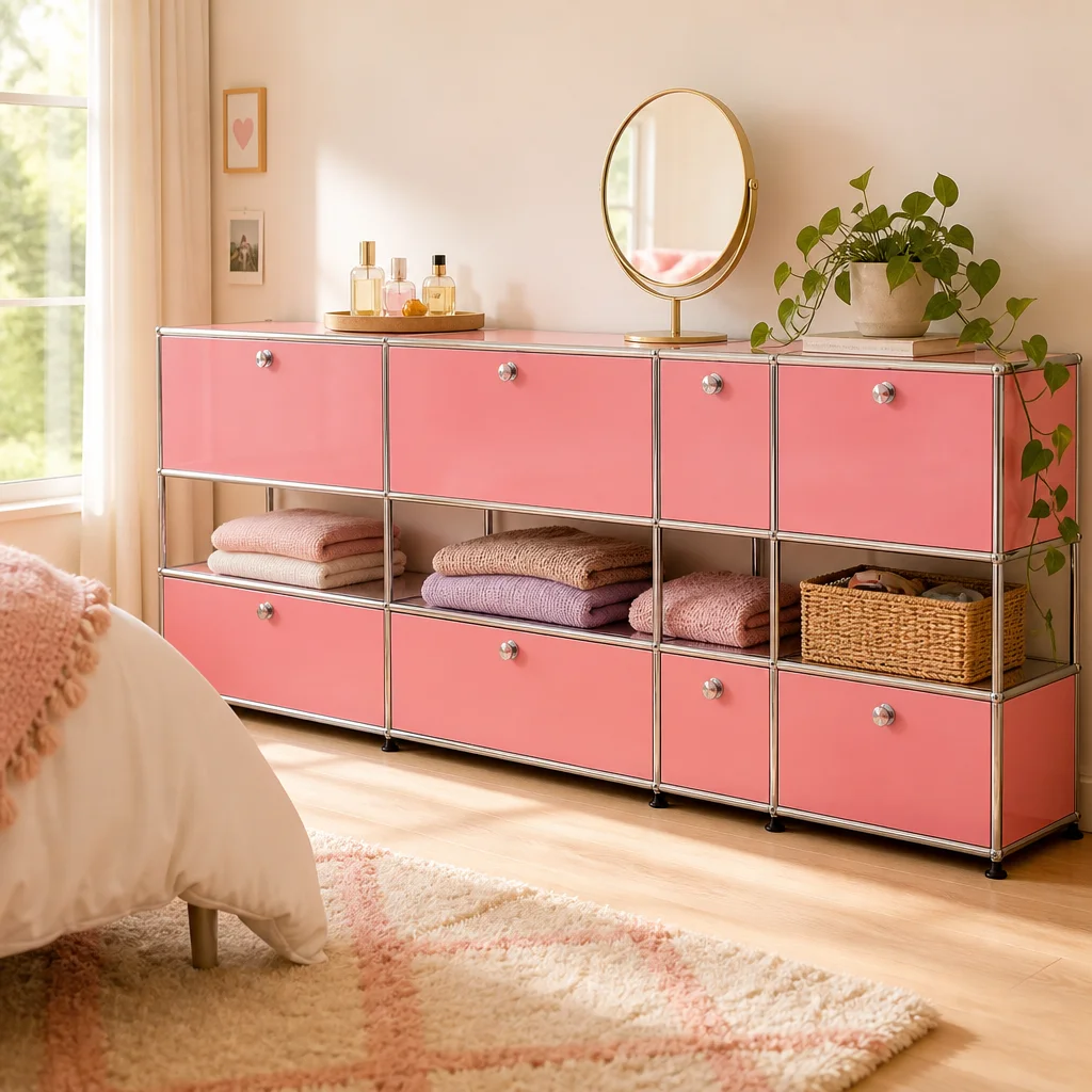 Modular Contemporary Long Sideboard Pink Metal Four Bay Credenza Chrome Frame Living Room Vinyl Record Storage Eco-Friendly