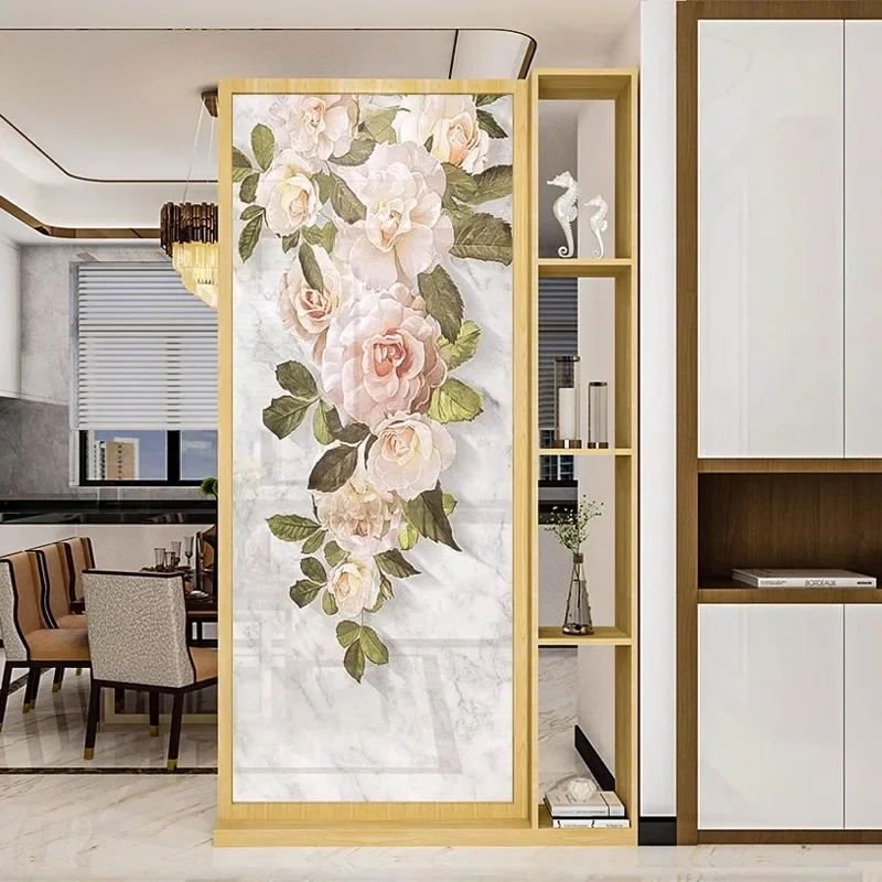 Nordic ins solid wood screen partition living room entrance integrated cabinet shelf household simple seat screen peony