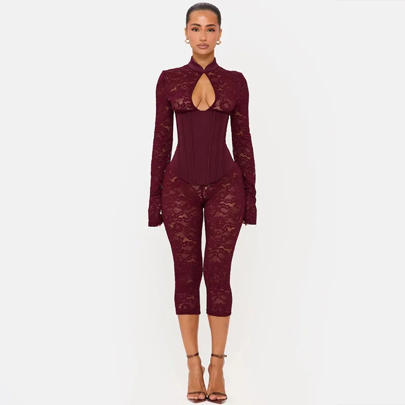 Women Mandarin Collar Keyhole Sheer Floral Lace Jumpsuit Long Sleeve Corset Waist Capri Pants Elegant Party Bodycon Outfit