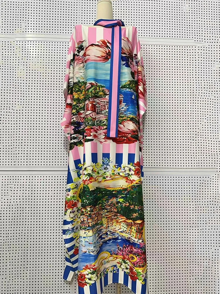 

Summer 2025 women's color-blocked striped landscape print lace-up waist-cinched batsleeved dress with loose hem and slit skirt