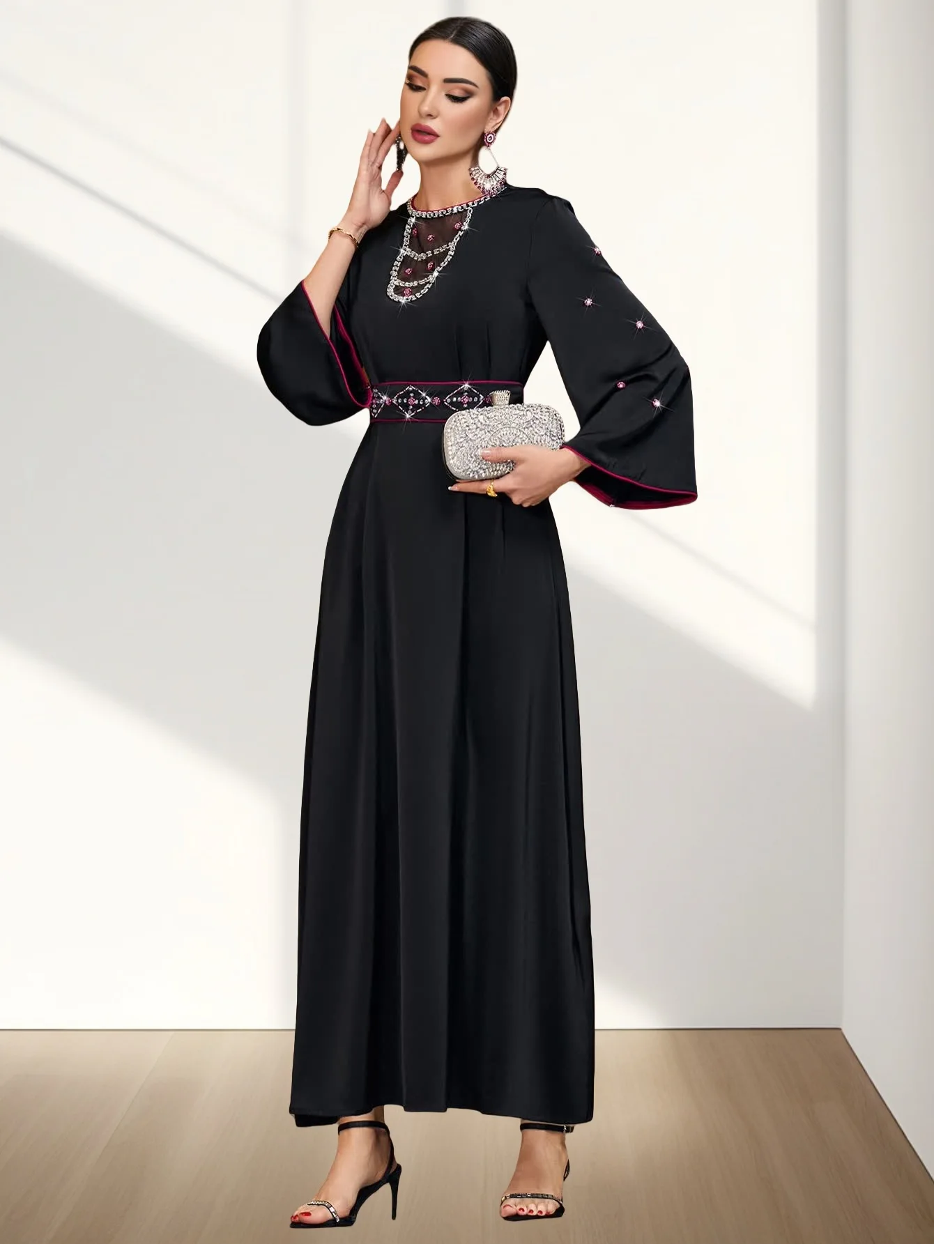 Ramadán islámico musulmán moda de lujo negro satén empalme malla cuello hueco vestido de diamante Oriente Medio árabe bata de mujer