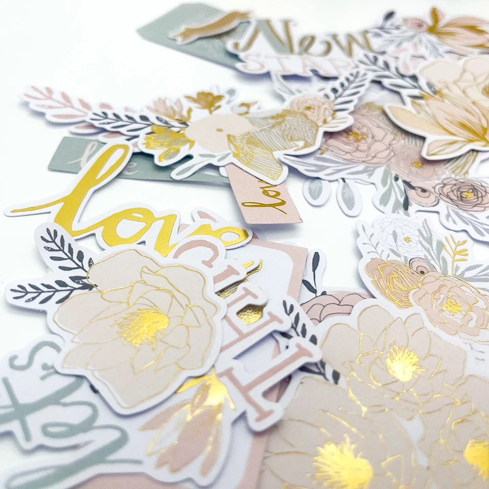 Creative Path 118pcs New Beginning Scrapbooking Die Cuts Gold Foil Bird Flower Paper Diecuts Ephemera For Crafting Journaling