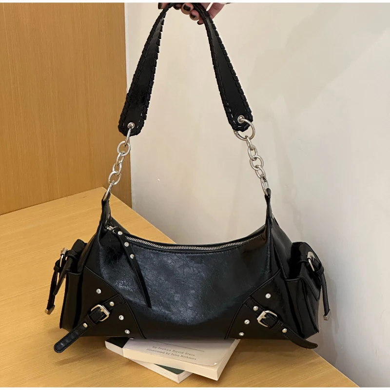 Korean Retro Rivet Motorcycle Tote Bag Women's Shiny Pvc Chain Underarm Bag Fashionable Simple Single Shoulder Crossbody Bag New