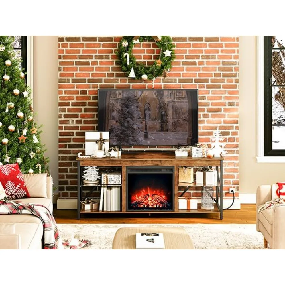 Entertainment Center with Fireplace, Charging Station, and LED Lights for TVs up to 65 Inches