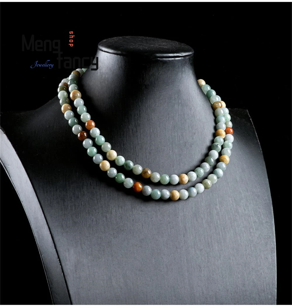 

High-grade Natural Myanmar A-goods Jadeite Three-colour Round Bead Necklace Icy Jade Jade Beads Fine Jewelry