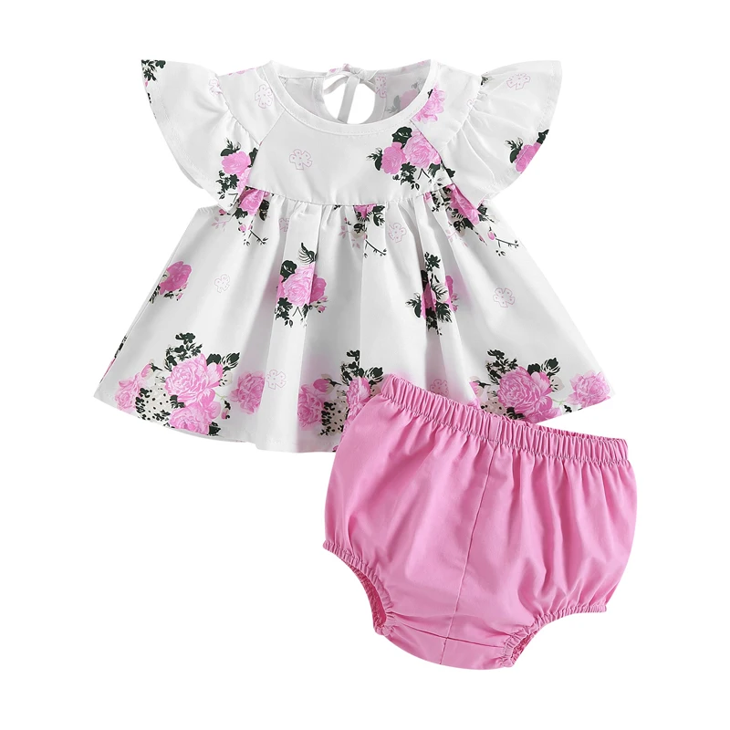 New Fashion Baby Girls Summer Clothes Sets Short Sleeve O Neck Floral Tops + Solid Color PP Shorts 2Pcs Infant Toddler Outfits