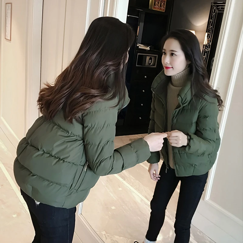 

Down Cotton Winter Jacket Women Nice Pop Stand Zipper Army Green Bread Coat Korean Thickened Short Parka Ukraine Plus Size 5XL