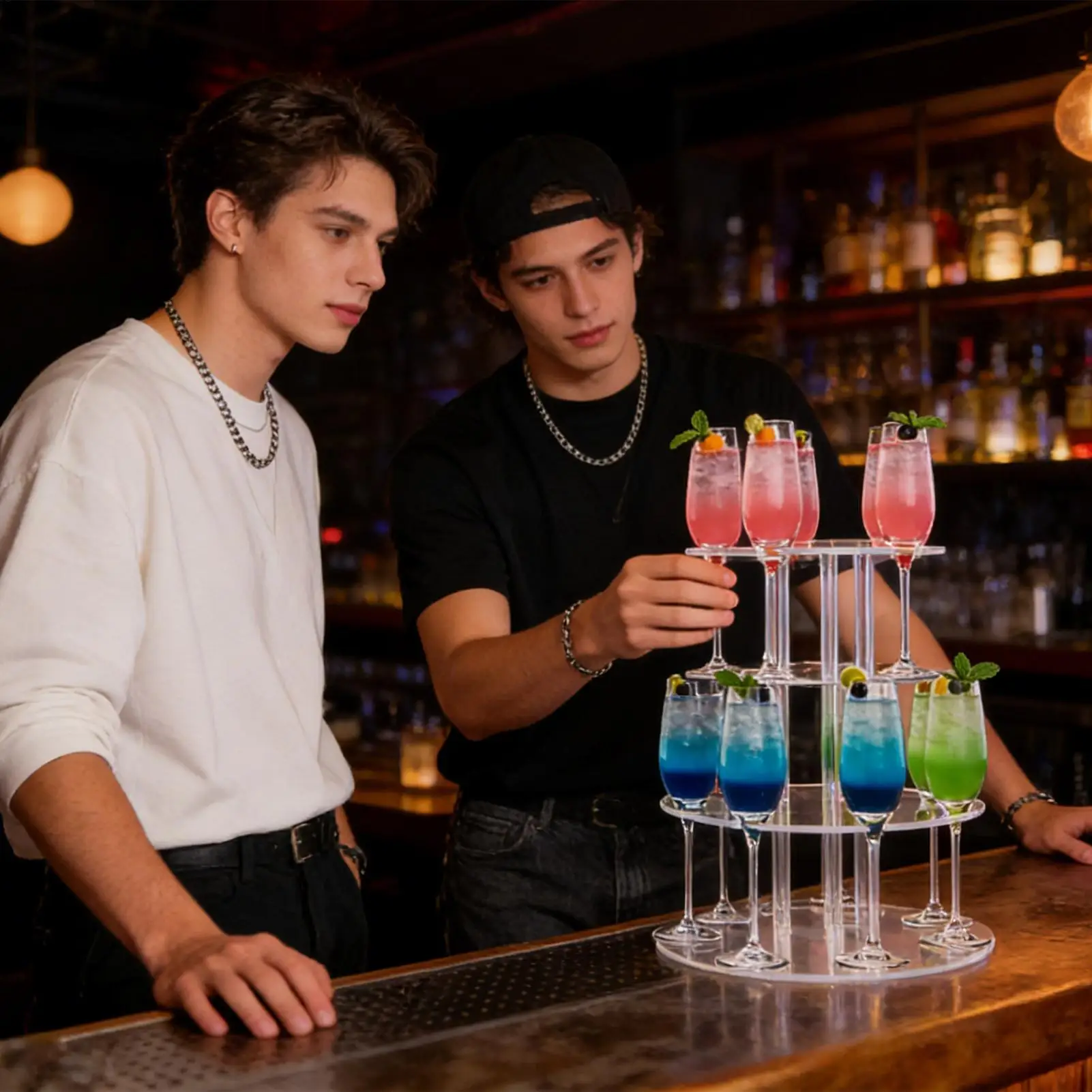 

Подставка для шампанского, 2-уровневая стойка для стеклянной посуды с 12 слотами, круглая акриловая плавающая стеклянная башня для шампанского для вечеринки, свадьбы