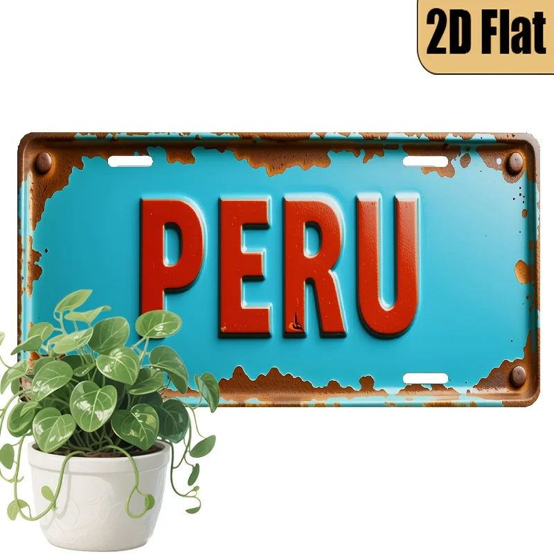 1pc Vintage Argentina License Plate - Turquoise & Red Retro Design with PERU Text,Heavy-Duty Aluminum Car Plate for Home, Office