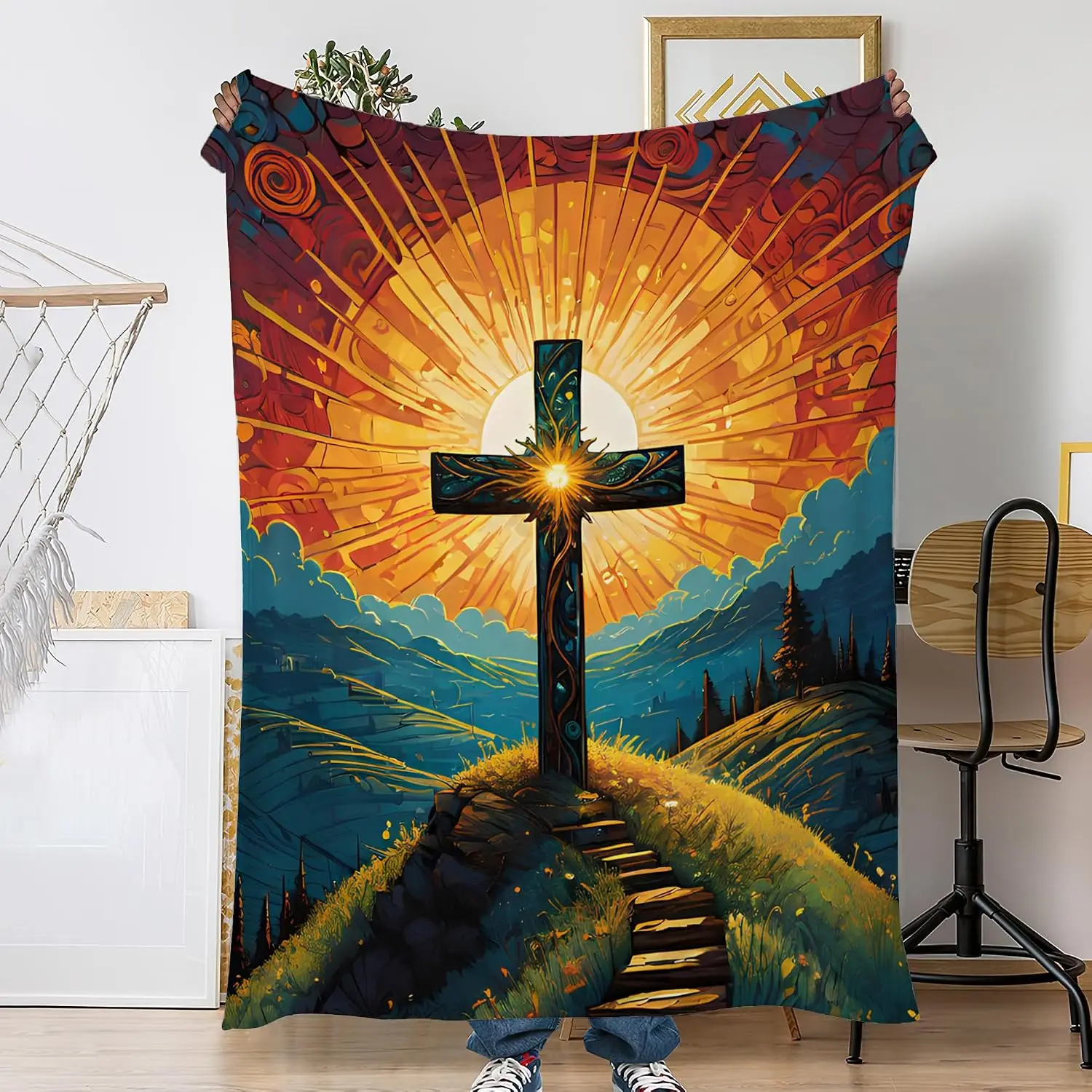 Large Cross Sunset Christian Spiritual Blanket Throw Rug Religious Decoration Backdrop 150x200cm
