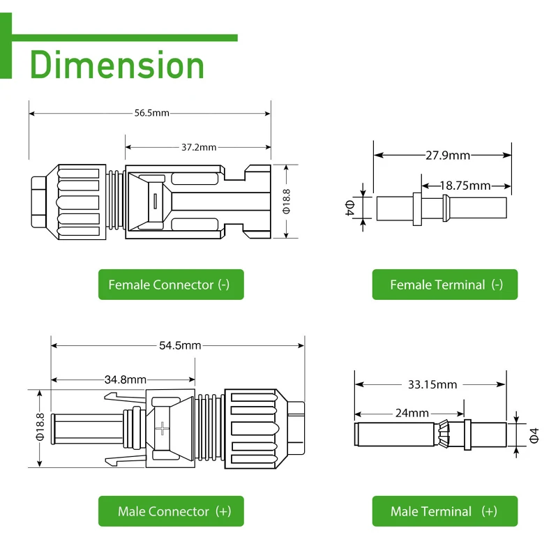 Conectores de Panel Solar con llave de conector, impermeables IP67, macho y hembra, admite 1000V, 30A, DC, AWG14, AWG12, AWG10
