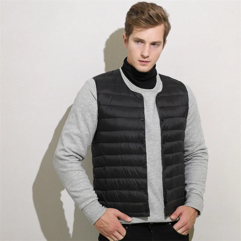 Chaleco ultraligero de plumón de pato para hombre, chaquetas portátiles sin cuello para viaje al aire libre, 0-10 ℃, otoño e invierno, novedad de