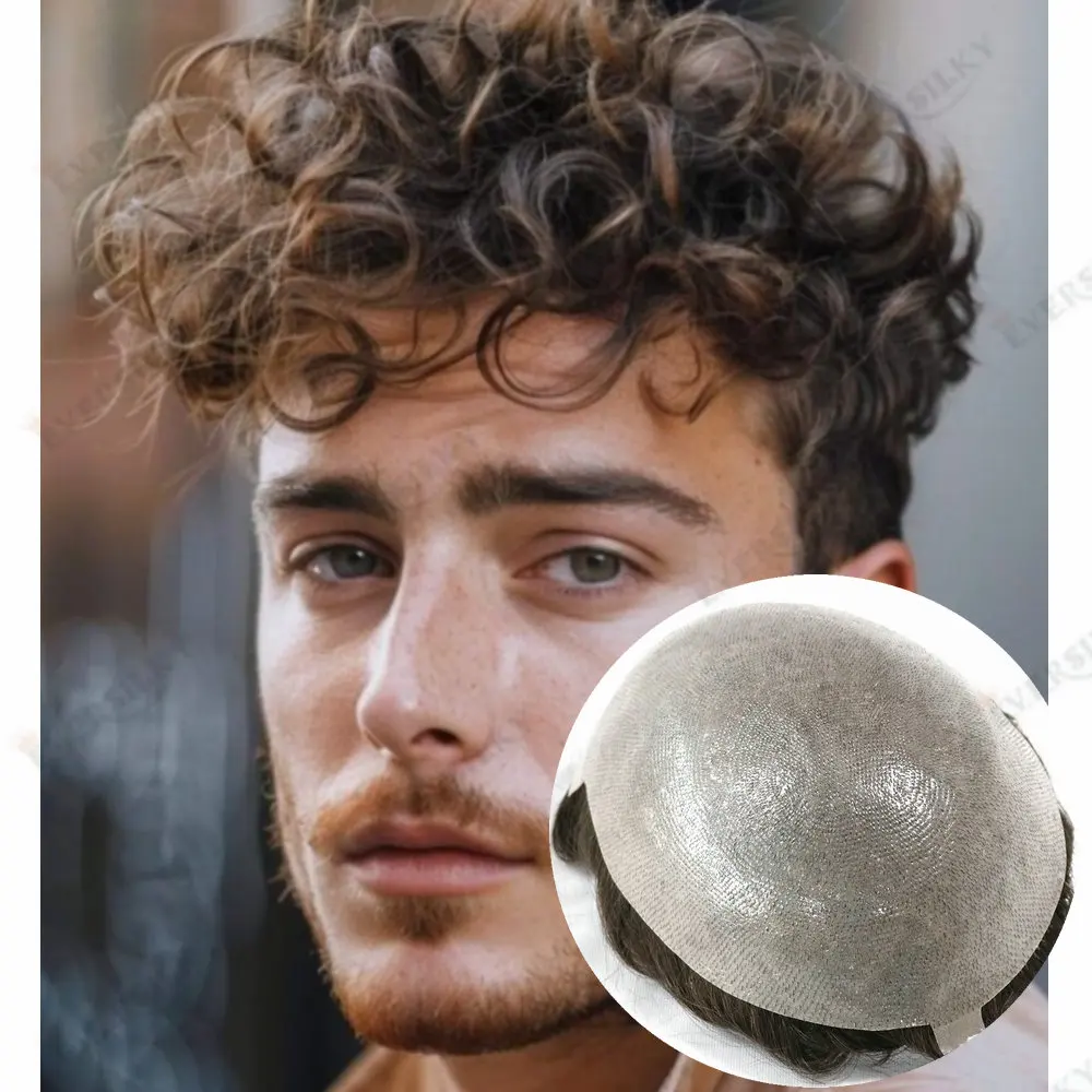 Vloop خط الشعر الطبيعي 28 مللي متر مجعد الرجال الشعر المستعار الشعر البشري 0.06 مللي متر سوبر رقيقة الجلد الشعرية الاصطناعية رمادي بني أسود هيربيسي