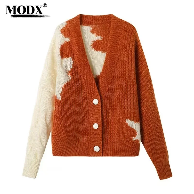 [modx] 2024 Autumn New Dilraba Twisted Flower Asymmetrical Splicing Mohair Knitted Cardigan