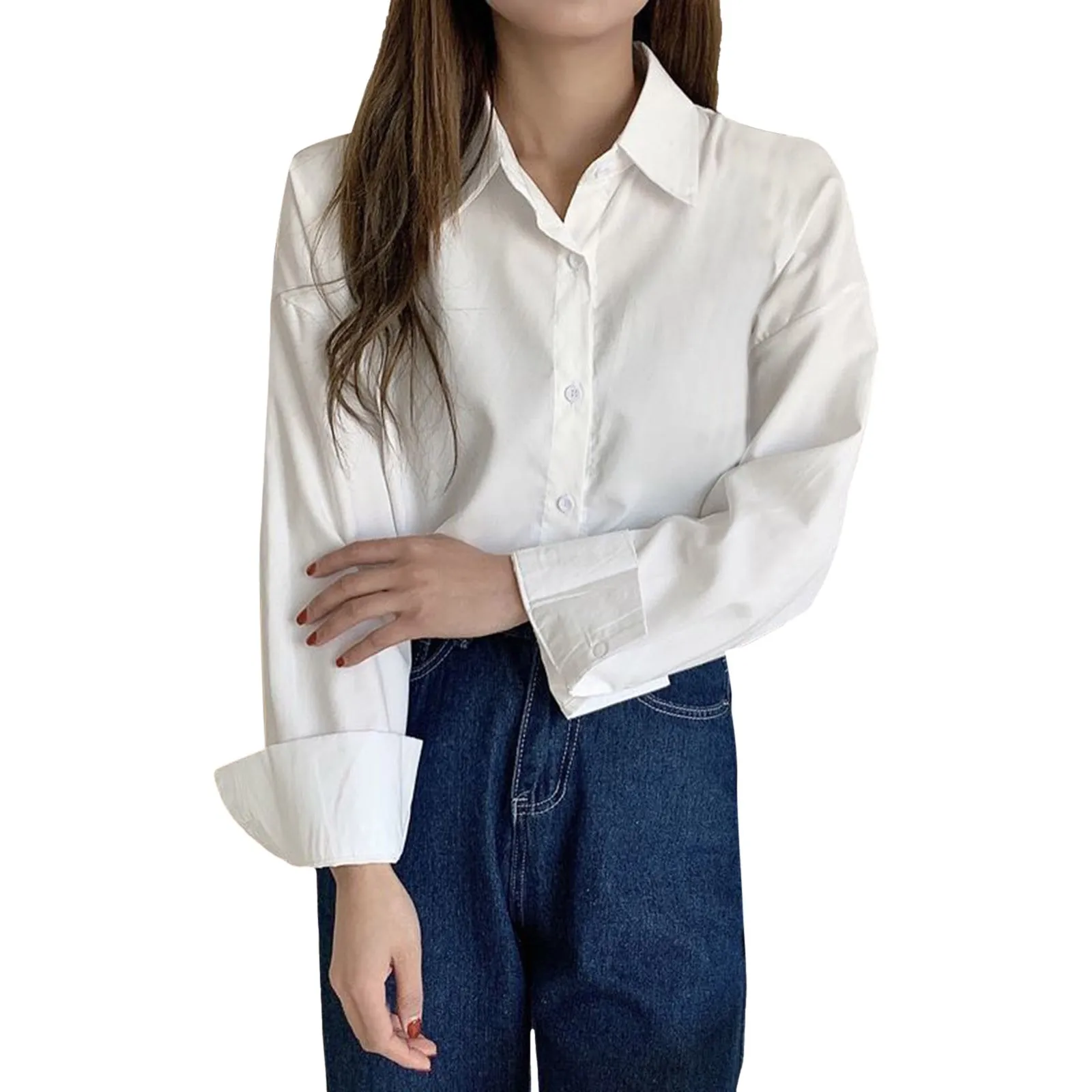 Female Solid Color White Long Sleeved Shirt Spring And Autumn Korean Shirt Loose Casual Blouse Women's Button Up Shirt