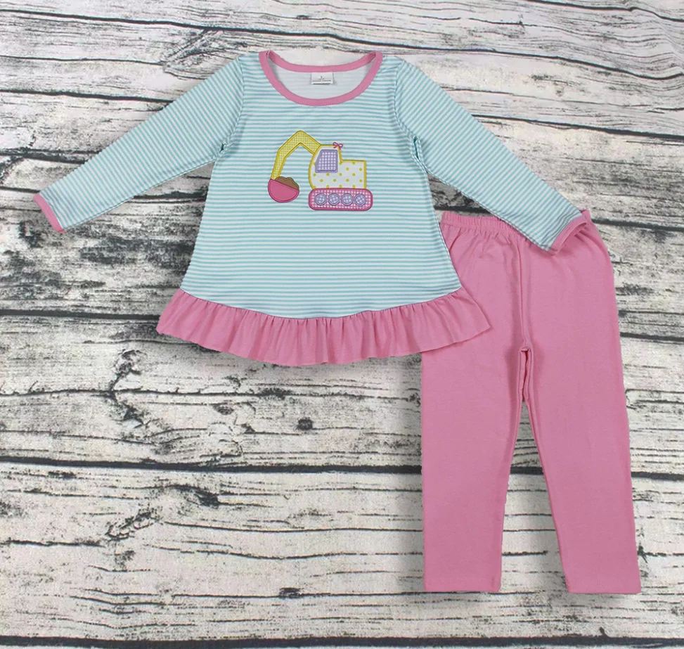 

Оптовая продажа, туника с вышивкой в полоску и рюшами для маленьких девочек, одежда с длинными рукавами, хлопковые штаны для малышей, детский комплект