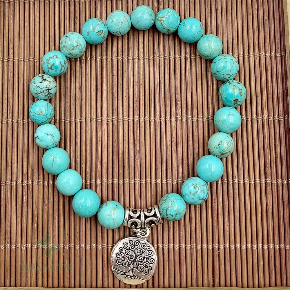 2Pcs 8mm Turquoise Silver Circle Bracelet Tree Image Pendant Durable Eco-Friendly Office Wear Bohemian Fashionistas Charm Custom