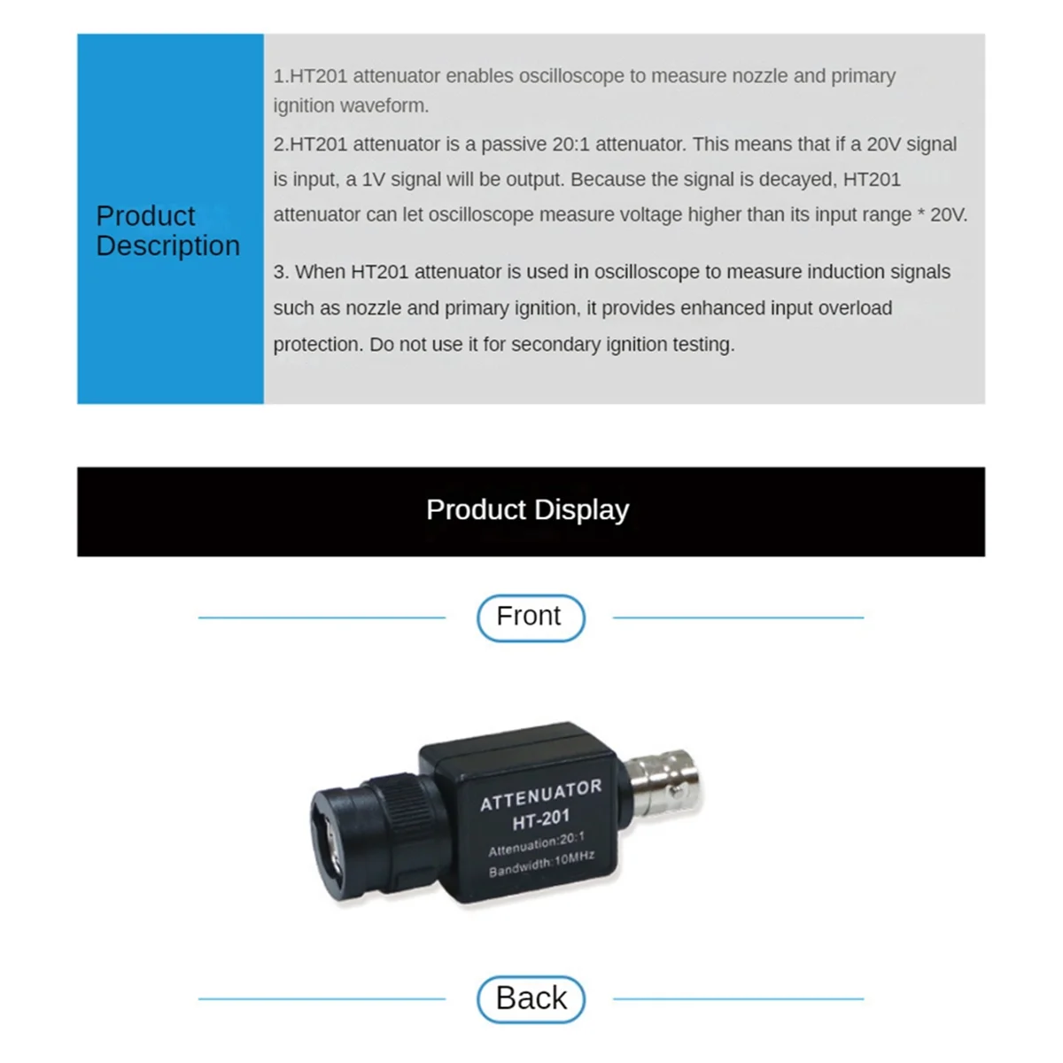 1 piezas HT201 20: 1 atenuador pasivo para osciloscopio de 10MHz, accesorios de osciloscopio