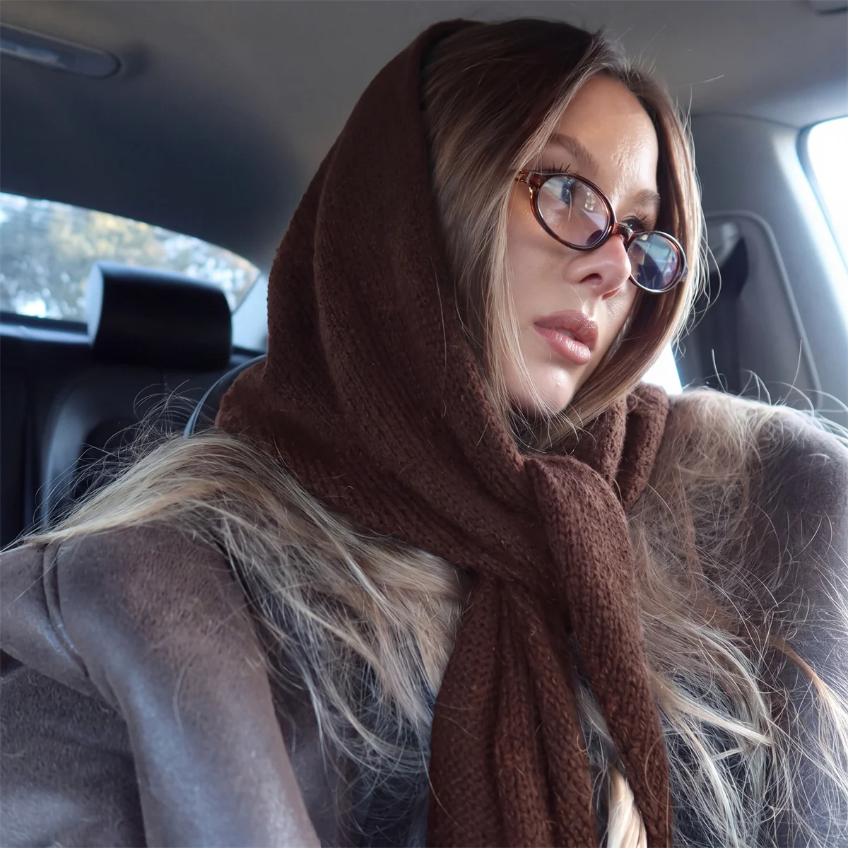 Ladies Thick Warm Soft Knit Hood Triangle Neck Wrap Solid Scarf Stylish Minimalist Casual Winter Shawl For Daily Outfit