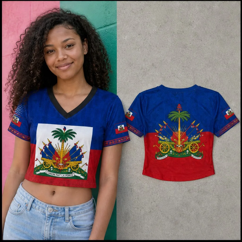 Womens Haiti V Neck Short Sleeve Crop Top Palm Crest Flag Graphic Casual Summer Shirt for Travel Holiday Festival Everyday Style