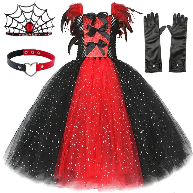 

Sparkly Demon Vampire Queen Costume for Girls Spider Witch Halloween Long Tutu Dress Kids Carnival Outfit Gothic Feather Clothes