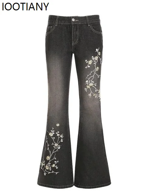 Fashion Floral Embroidered Jeans Vintage 2000s Low Rise Flared Jeans Womens Vintage Y2k Baggy Jeans High Street Basic Trousers