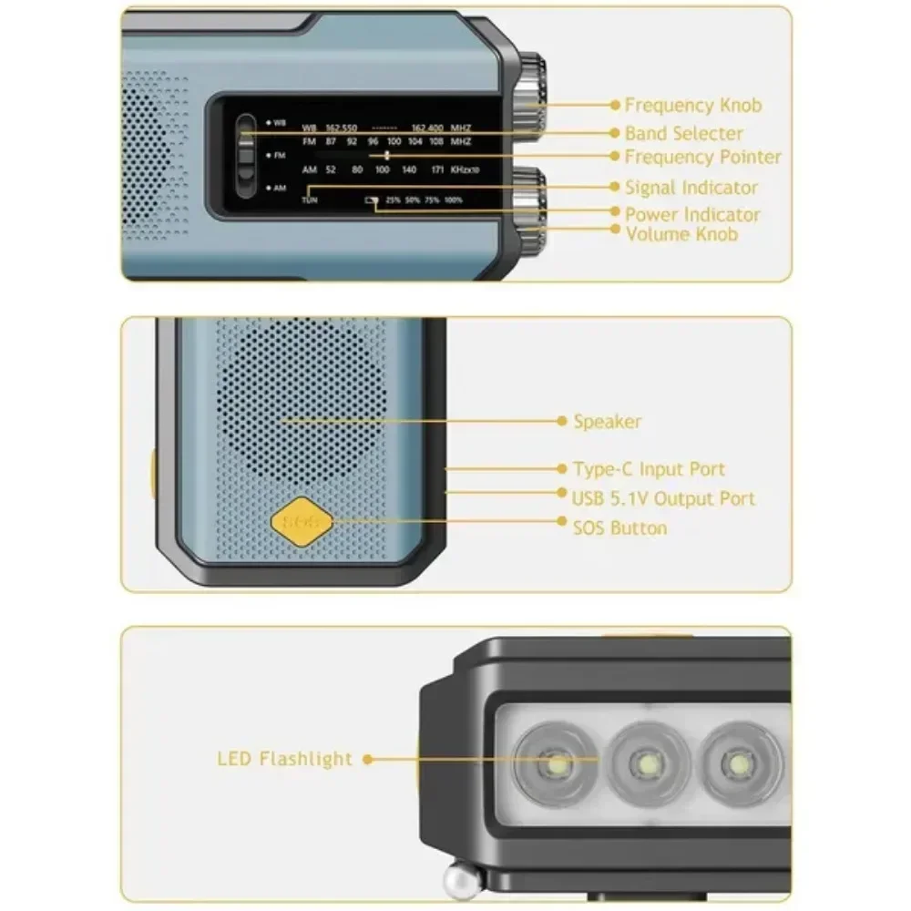 Solar Hand Crank Powered Camping Light พร้อมวิทยุ AM/FM กลางแจ้ง 2000mAh ชาร์จ USB มัลติฟังก์ชั่นมือไดนาโมไฟฉาย LED