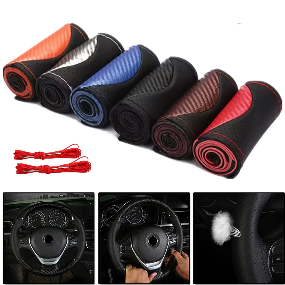 

Soft Carbon Car Steering Wheel Cover Vehicle interiors 15"/38CM Steering Wheel Braid Leather Handle Cover Protector