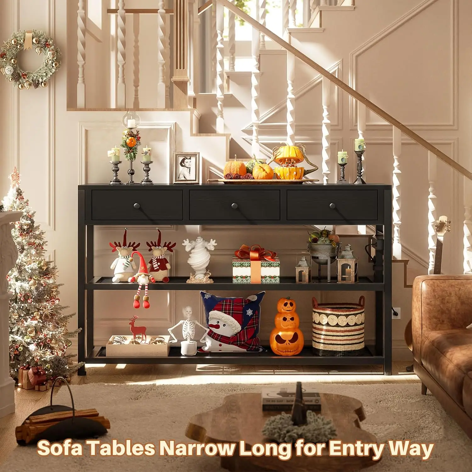 47'' Entryway Table with Outlets, USB Ports & 3 Drawers - Modern Narrow Console for Living Room, Hallway, Kitchen