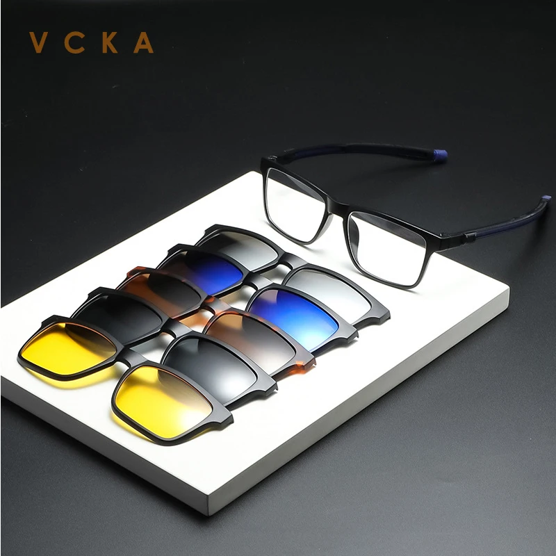 VCKA Square Myopia Prescription Glasses Magnetic Sunglasses  5+1Clip Sports Men Women Driver Hanging Neck Eyewear -0.5 to -10