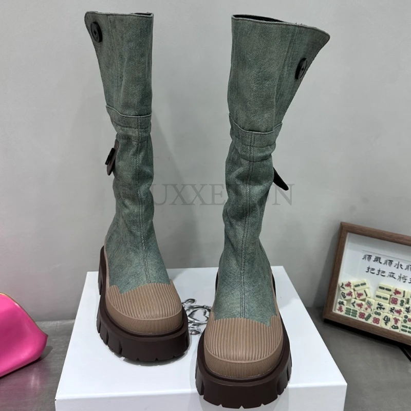 Mid Calf Denim Boots Women 2023 Autumn Retro Chunky Platform Long Boots Woman Slip on Thick Heels Cargo Boots Pocket Decor