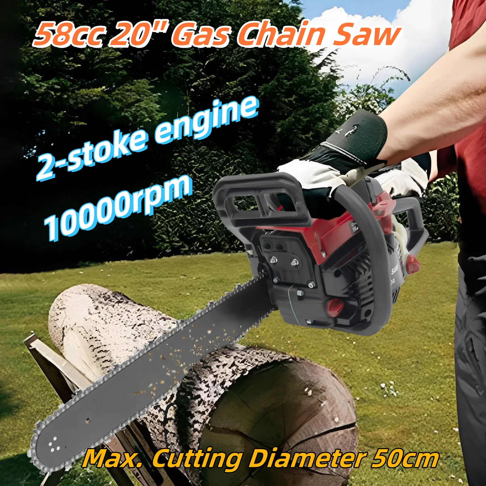 

58cc 20'' Gas Chain Saw Gasoline Powered Chainsaw 2 Cycle Engine Wood Cutting