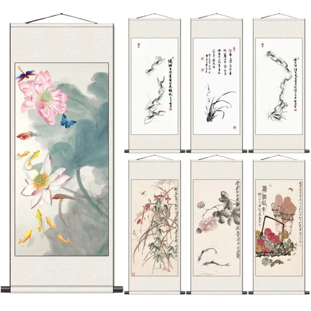 Ink Wash Lotus Flowers, Porch Calligraphy and Painting Living Room Wall Decoration, Silk Famous Artist Hanging Painting Posters