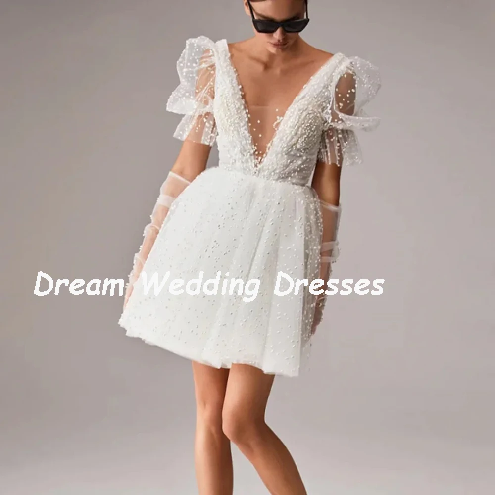 DREAM Customized Deep V Neck Mini Wedding Dresses Dot Tulle Short Puff Sleeves Bride Gown Backless Above Knee Boho Bridal Dress