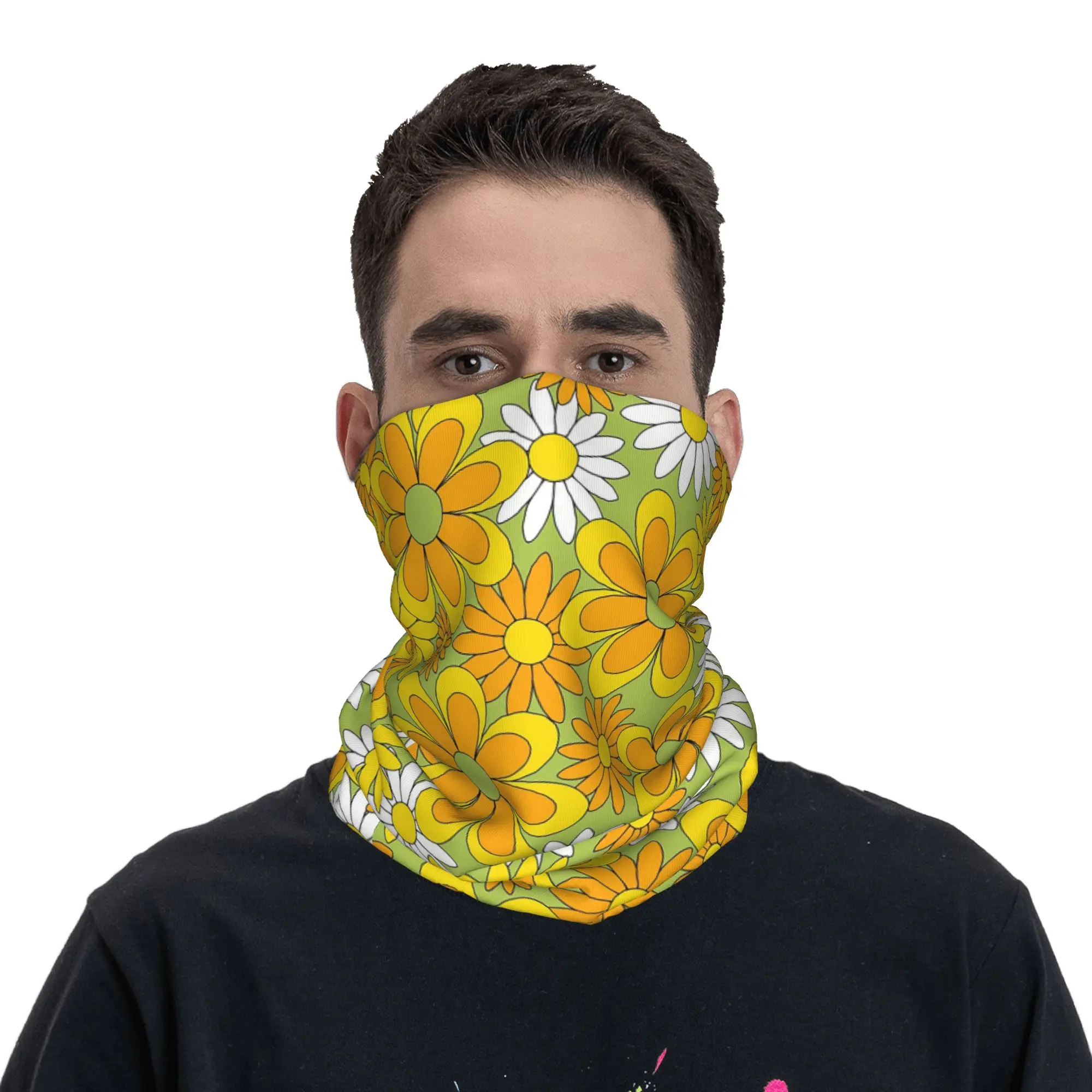 70s Flower Power Green Orange Yellow Retro Daisy Bandana Neck Gaiter Printed Magic Scarf Warm Headwear Riding Unisex Adult