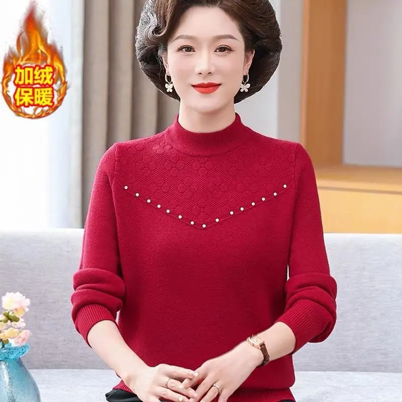 M-3XL تريكو ملابس الشتاء امرأة جديدة رشاقته المخملية الخريف المرأة سترة الصوف الساخن منتصف العمر الأم البلوز القمم