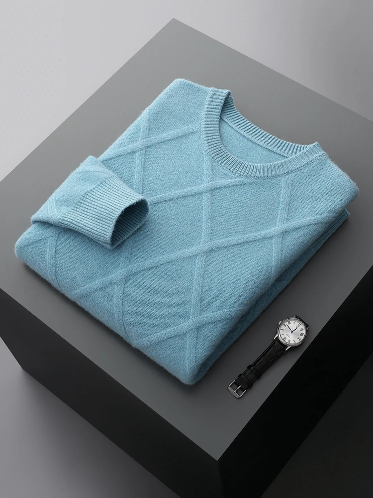 

Men O-neck Wool Sweater Autumn Winter Long Sleeve Cashmere Pullover 100% Merino Wool Rhombus Knitwear Smart Casual Jumper Top