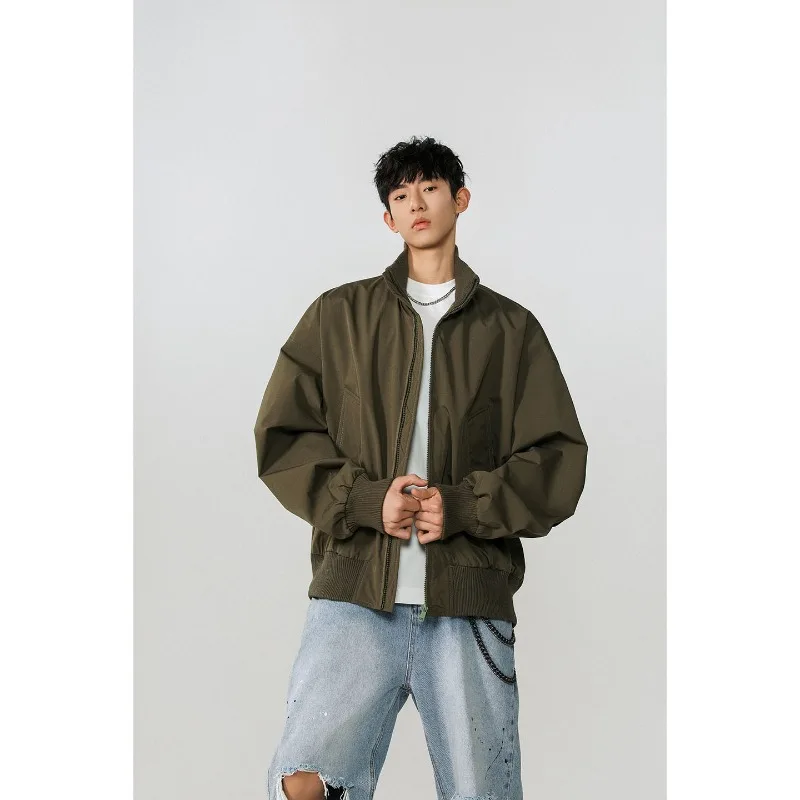 Men Army Green Stand Collar Bomber Jacket Oversized Loose Zip Up Windproof Baseball Jacket Vintage Streetwear Casual Outer Coat