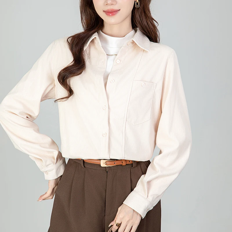 Autumn Winter Vintage Corduroy Women's Blue Blouses One Pocket Single Breasted Office Casual Loose Shirts Tops Female 2025 New