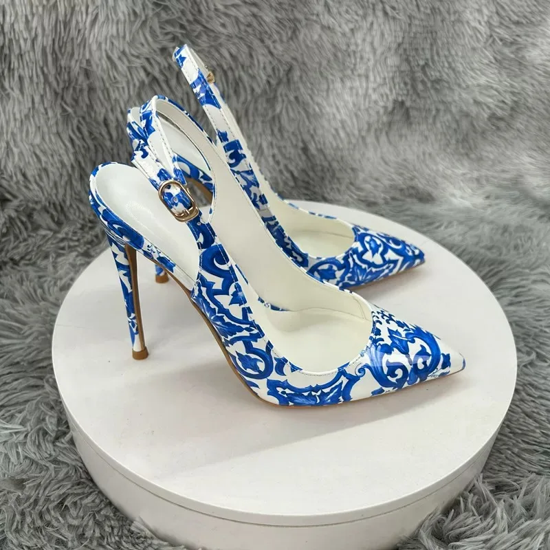 Women Blue Floral Print Slingback High Heels 8CM 10CM 12CM Super Stiletto Heel Pointed Toe Sexy Vintage Pumps for Party Evening