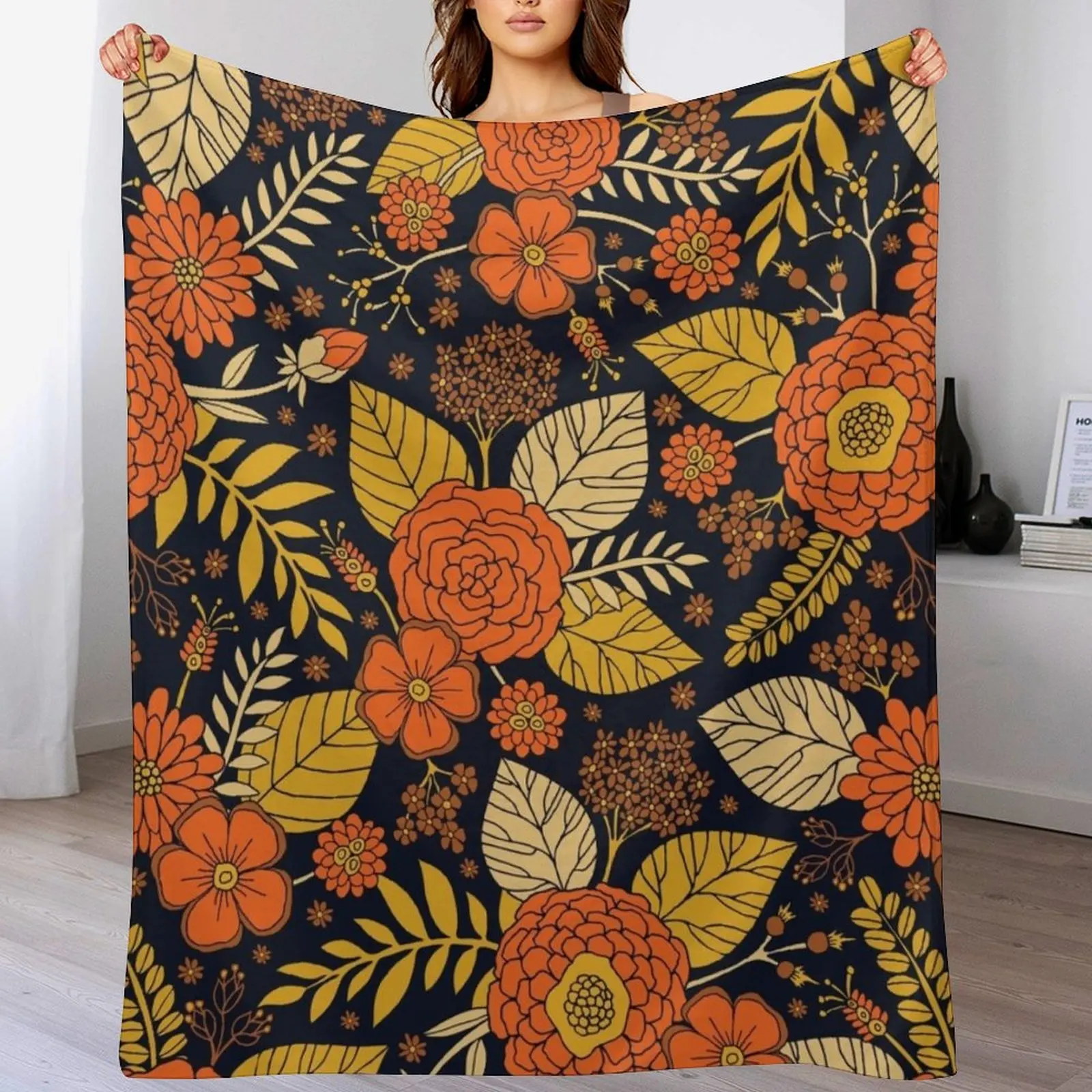

Retro Orange, Yellow, Brown, & Navy Floral Pattern Throw Blanket Lightweight Cozy Blanket for Bed Sofa