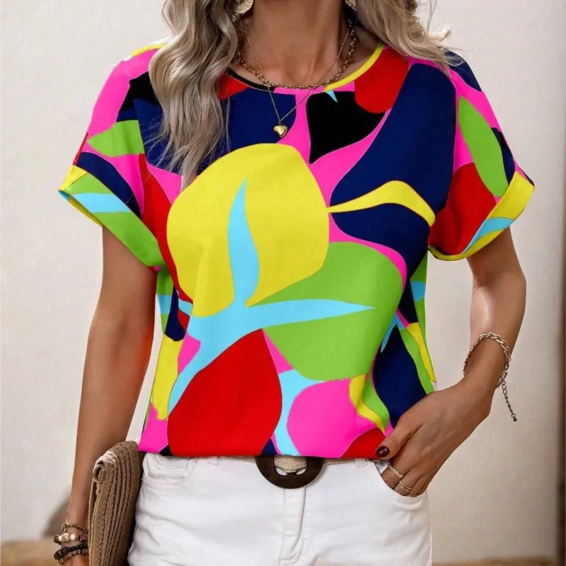 2024 Women\'s Summer New Fashion Print Multi Color Round Neck Women\'s Short Sleeved Top Elegant Contrast Color Office Blouse Y2K