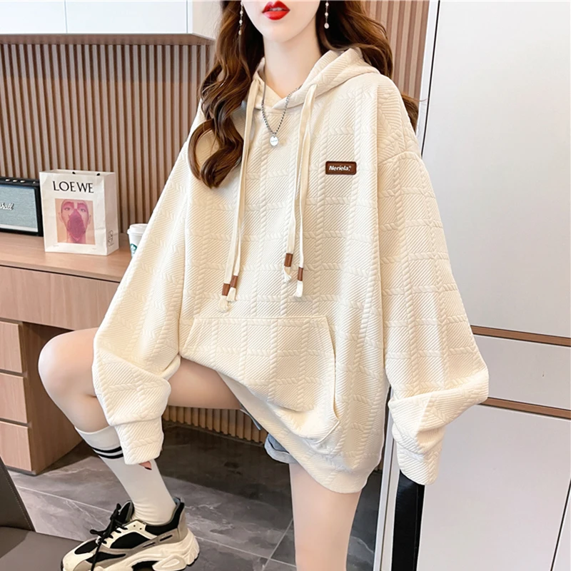

Loose Fit Hoodie Women's Autumn Winter Korean Style Versatile Simple Small Size Waffle Outerwear Trendy Casual Streetwear