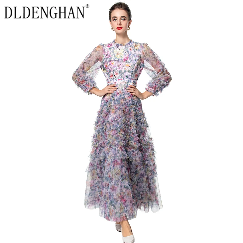 

DLDENGHAN Sequins Flower Embroidery Mesh Dress For Women O-Neck Lantern Sleeve Print Vintage Long Dresses Autumn Runway New