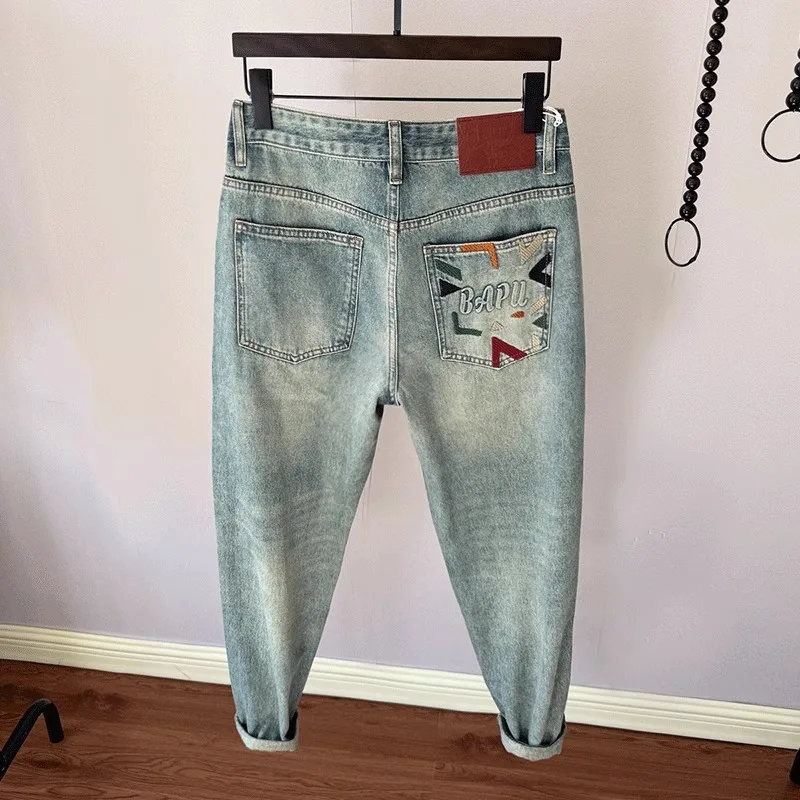 

Мужские джинсы в стиле ретро с вышивкой, весна-осень, корейская версия, прямые брюки-конус, эластичные повседневные штаны