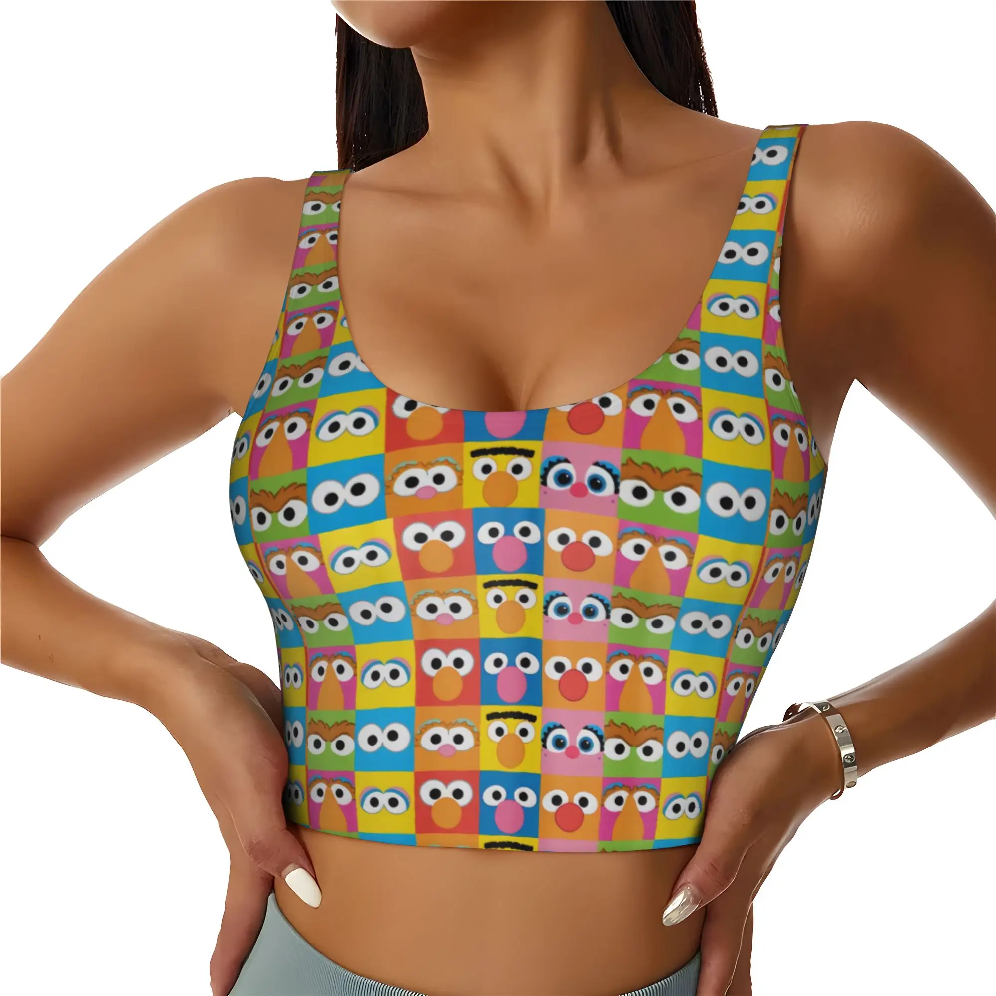 Custom Women's Cookies Anime Monsters Sports Bra Elmo Cartoon High Impact Gym Workout Yoga Crop Tank Tops