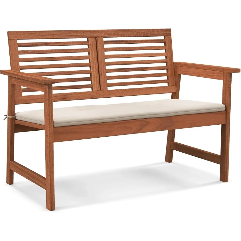 

Outdoor Bench with Cushion, 2-Person Patio Bench with Slatted Back & Seat, Removable Cushion, Conversation Loveseat Chair