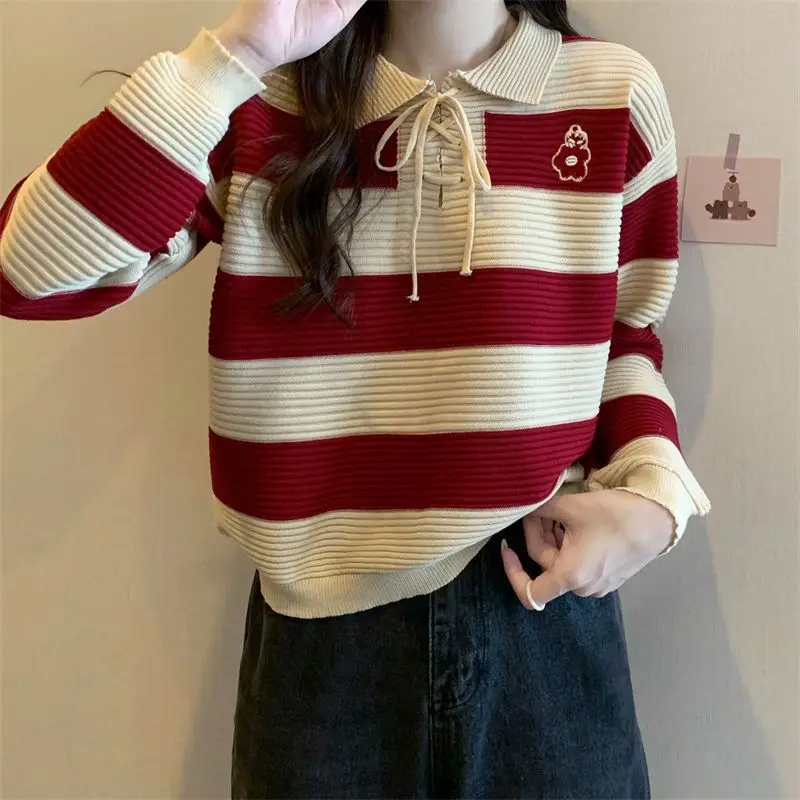 Autumn Winter Fashion All-match Striped Patchwork Sweaters Women Clothing Chic Turn-down Collar Drawstring Pullovers Sweet Tops