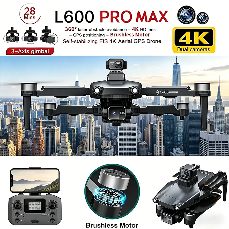 HOT-4K Professional HD Dual Camera New L600 PRO MAX GPS Drone 5KM 3-Axis Gimbal 360 Obstacle Avoidance Brushless Quadcopter Toy
