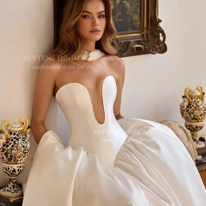 Suknie ślubne SSYTENS dla białych kobiet, dekolt w serduszko, bez rękawów, satynowe suknie ślubne plażowe, suknie balowe księżniczki, suknie na studniówkę, szyte na miarę